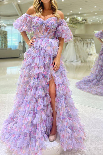 Purple Tulle Long Corset Tiered Formal Dress With Slit