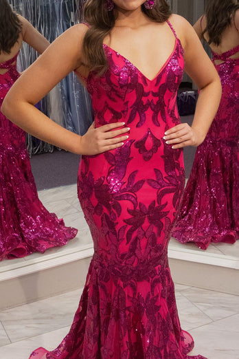 Hot Pink Mermaid V Neck Backless Long Formal Dress With Appliques