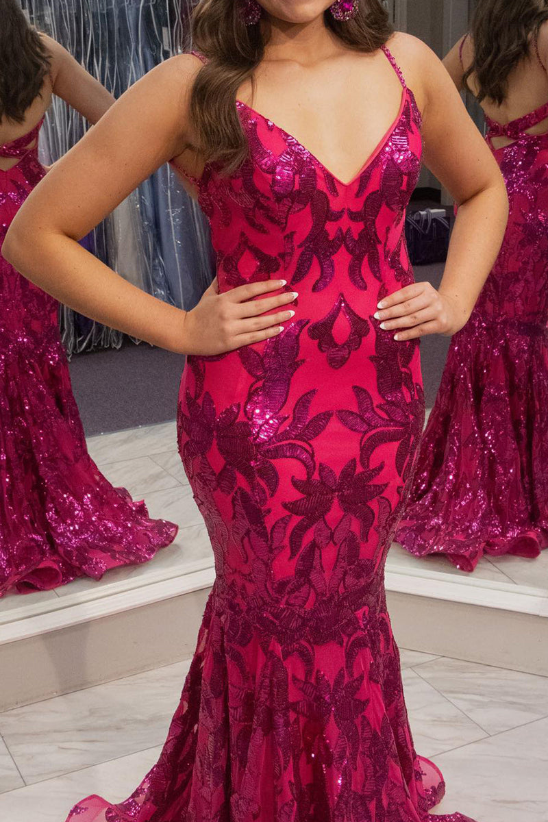 Load image into Gallery viewer, Hot Pink Mermaid V Neck Backless Long Formal Dress With Appliques