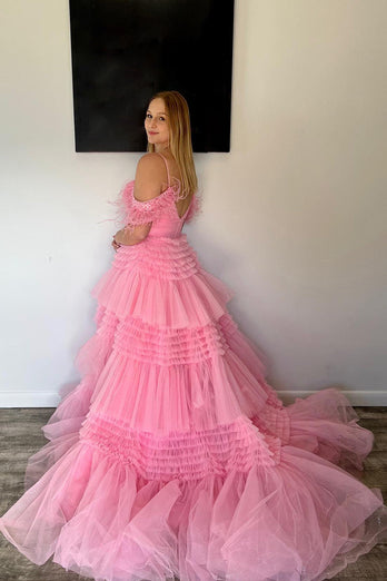 Glitter Pink Spaghetti Straps Tiered Appliques Long Formal Dress with Slit