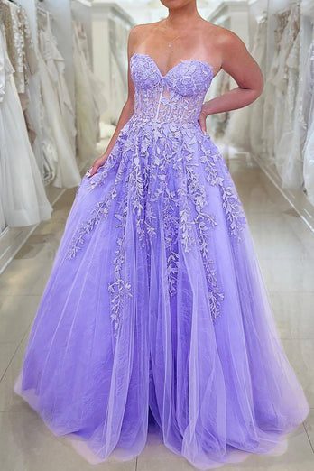 Elegant Purple Strapless Long Corset Formal Dress With Appliques