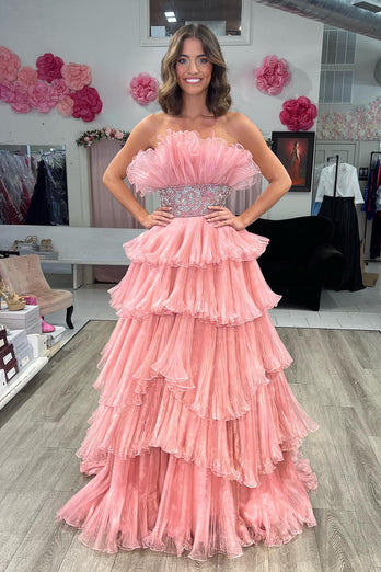 Glitter Blush A-Line Beaded Long Tulle Tiered Formal Dress with Ruffles