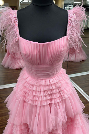 Glitter Pink Spaghetti Straps Tiered Appliques Long Formal Dress with Slit