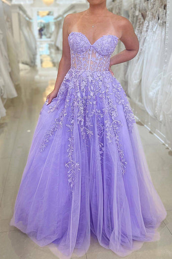 Elegant Purple Strapless Long Corset Formal Dress With Appliques