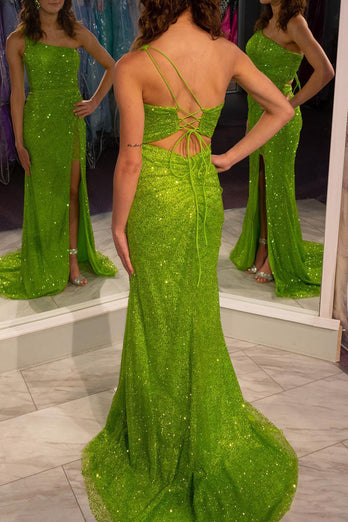 Sparkly Green Sequins Mermaid One Shoulder Long Formal Dress With Slit