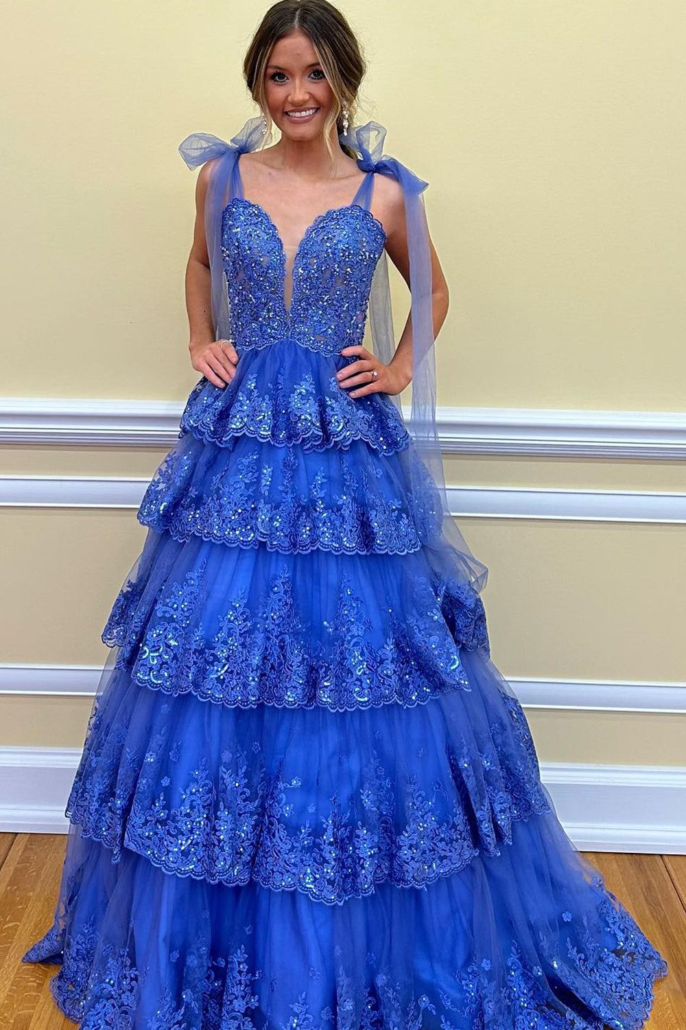 Spaghetti Straps Dark Blue Tiered Sequined Prom Dress with Appliques