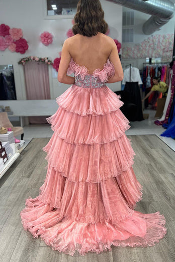 Glitter Blush A-Line Beaded Long Tulle Tiered Formal Dress with Ruffles