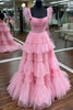 Load image into Gallery viewer, Glitter Pink Spaghetti Straps Tiered Appliques Long Formal Dress with Slit