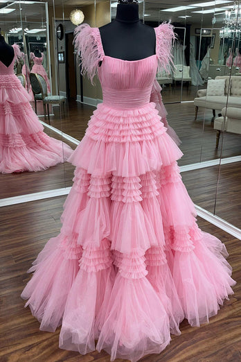 Glitter Pink Spaghetti Straps Tiered Appliques Long Formal Dress with Slit