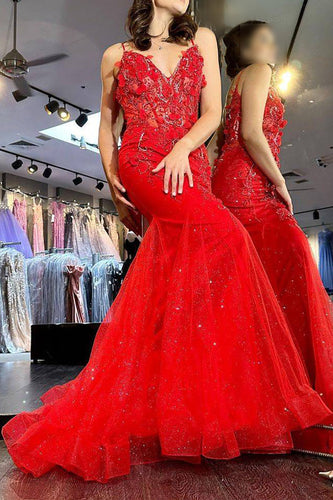 Red Mermaid Long Corset Formal Dress With Appliques