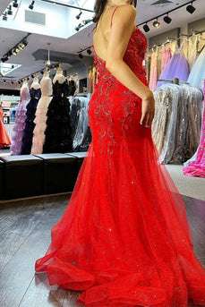 Red Mermaid Long Corset Formal Dress With Appliques