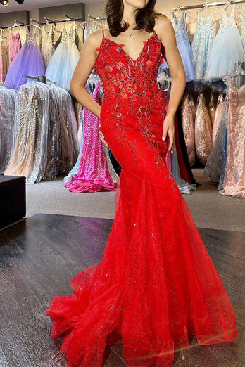 Red Mermaid Long Corset Formal Dress With Appliques