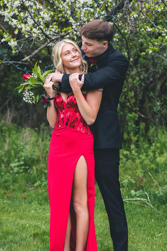 Glitter Red Long Mirror Formal Dress With Slit