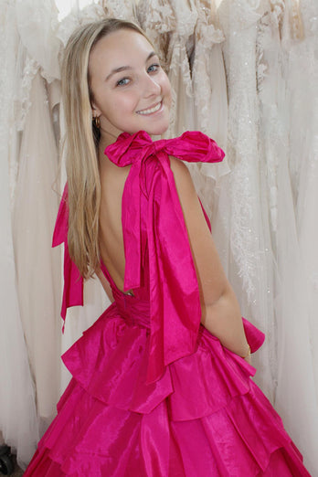 Fuchsia A Line V Neck Long Ruffled Formal Dress