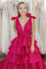 Load image into Gallery viewer, Fuchsia A Line V Neck Long Ruffled Formal Dress