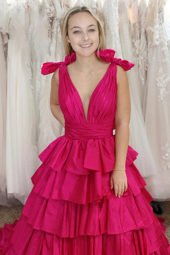 Fuchsia A Line V Neck Long Ruffled Formal Dress