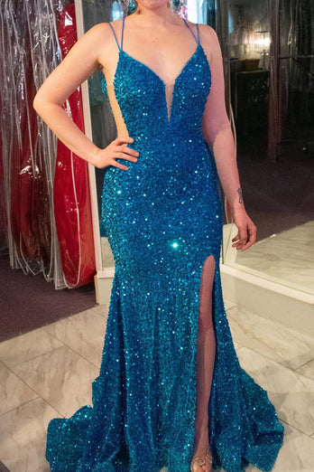 Blue Sequins Mermaid Long Formal Dress With Slit