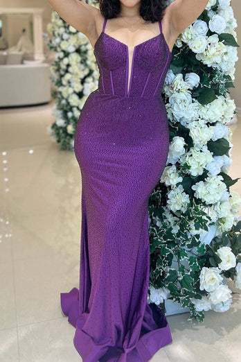 Glitter Dark Purple Mermaid Long Corset Formal Dress