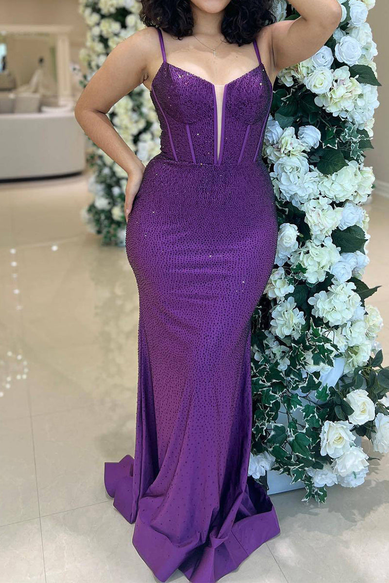 Load image into Gallery viewer, Glitter Dark Purple Mermaid Long Corset Formal Dress