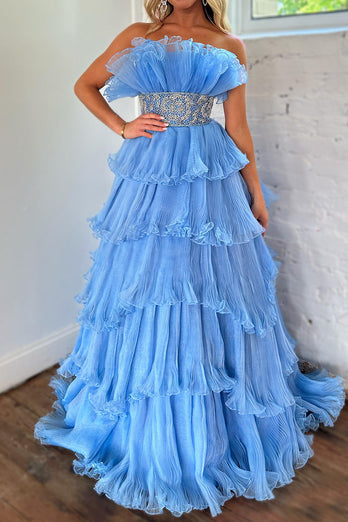 Glitter Blush A-Line Beaded Long Tulle Tiered Formal Dress with Ruffles