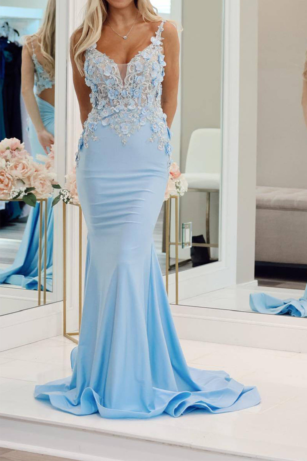 Light Blue Mermaid Long Formal Dress With Appliques