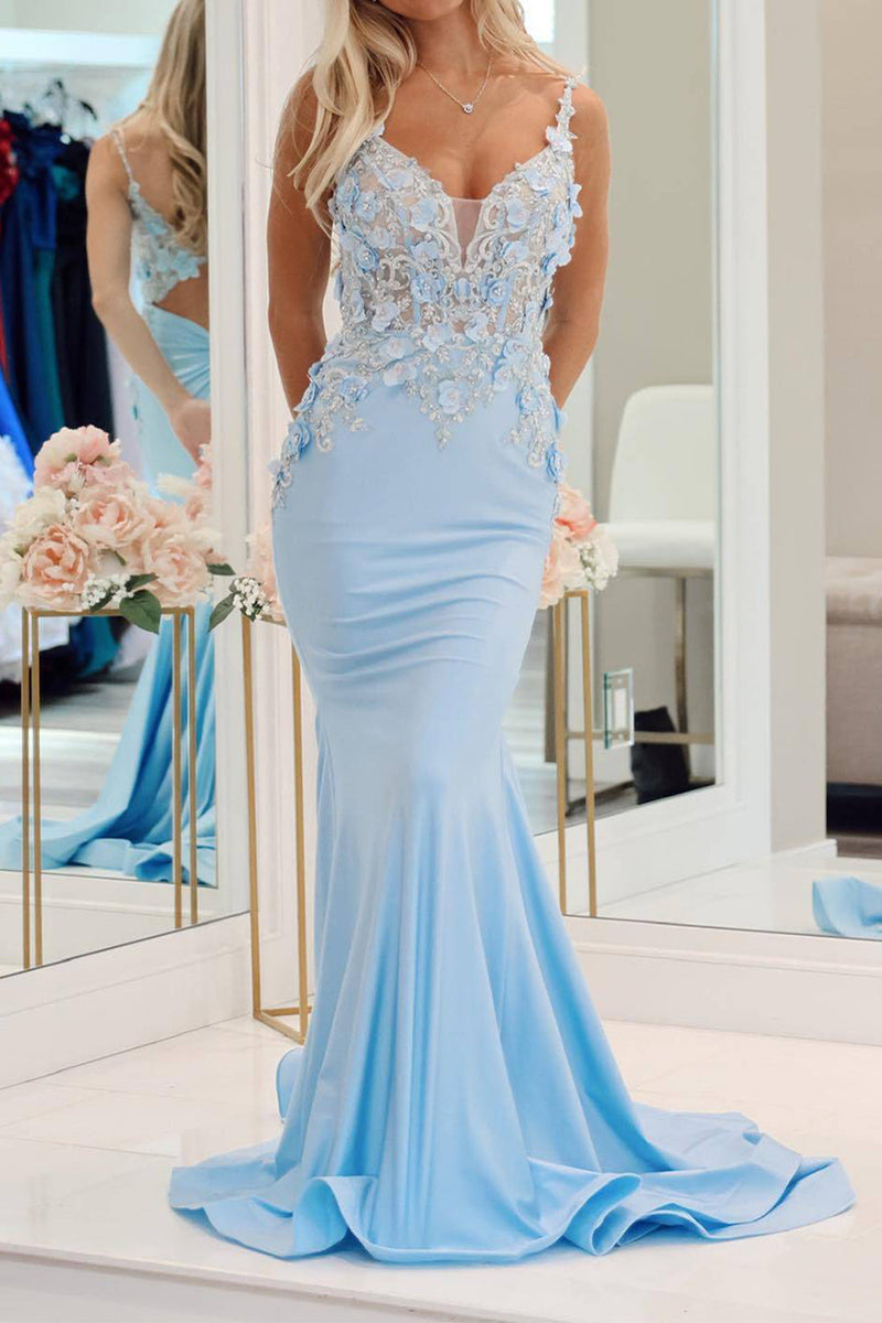 Load image into Gallery viewer, Light Blue Mermaid Long Formal Dress With Appliques