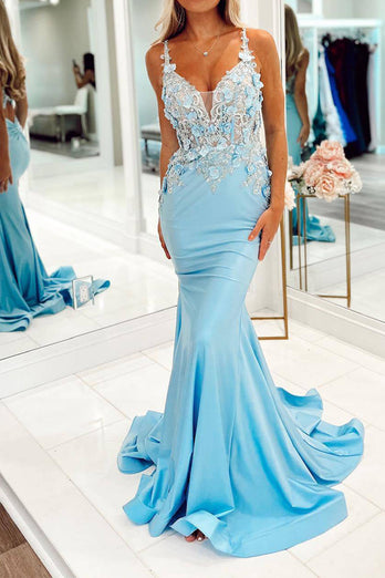 Light Blue Mermaid Long Formal Dress With Appliques