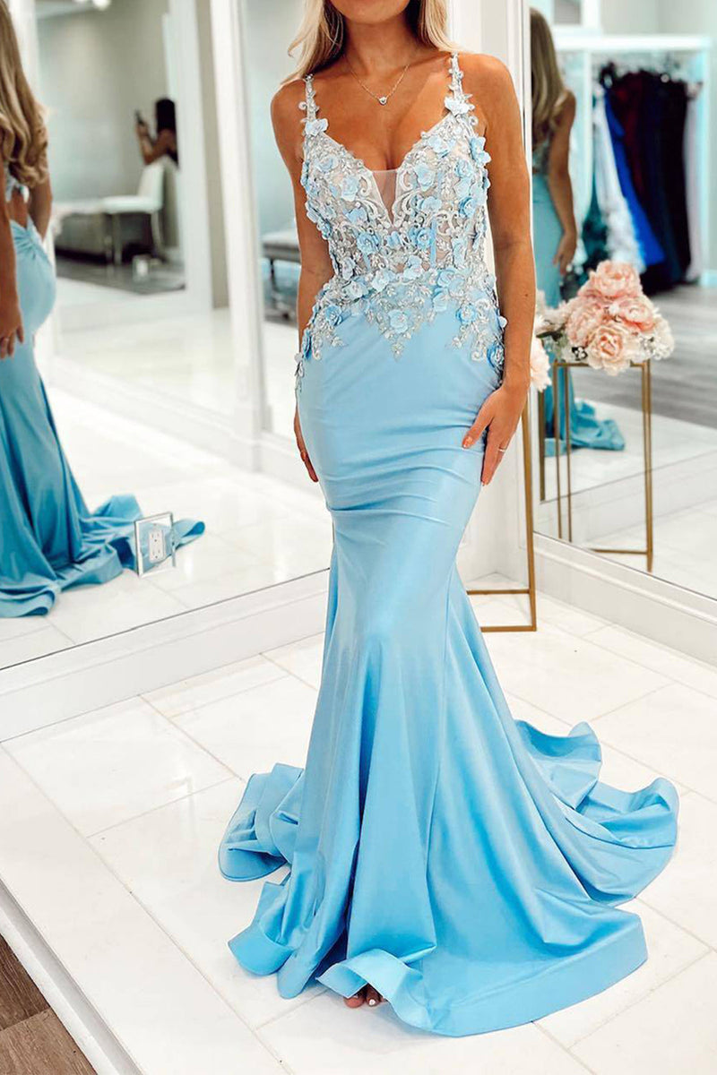 Load image into Gallery viewer, Light Blue Mermaid Long Formal Dress With Appliques