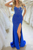 Load image into Gallery viewer, Glitter Royal Blue Mermaid Long Corset Formal Dress With Slit