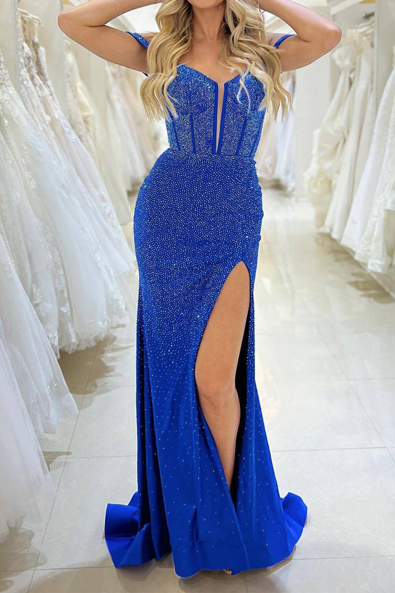 Load image into Gallery viewer, Glitter Royal Blue Mermaid Long Corset Formal Dress With Slit