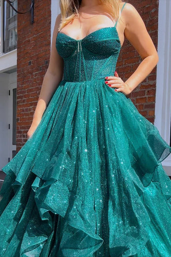 Dark Green A Line Long Corset Formal Dress With Ruffles