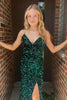 Load image into Gallery viewer, Sparkly Dark Green Mermaid Sequins Long Formal Dress with Slit