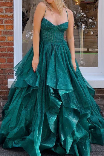 Dark Green A Line Long Corset Formal Dress With Ruffles