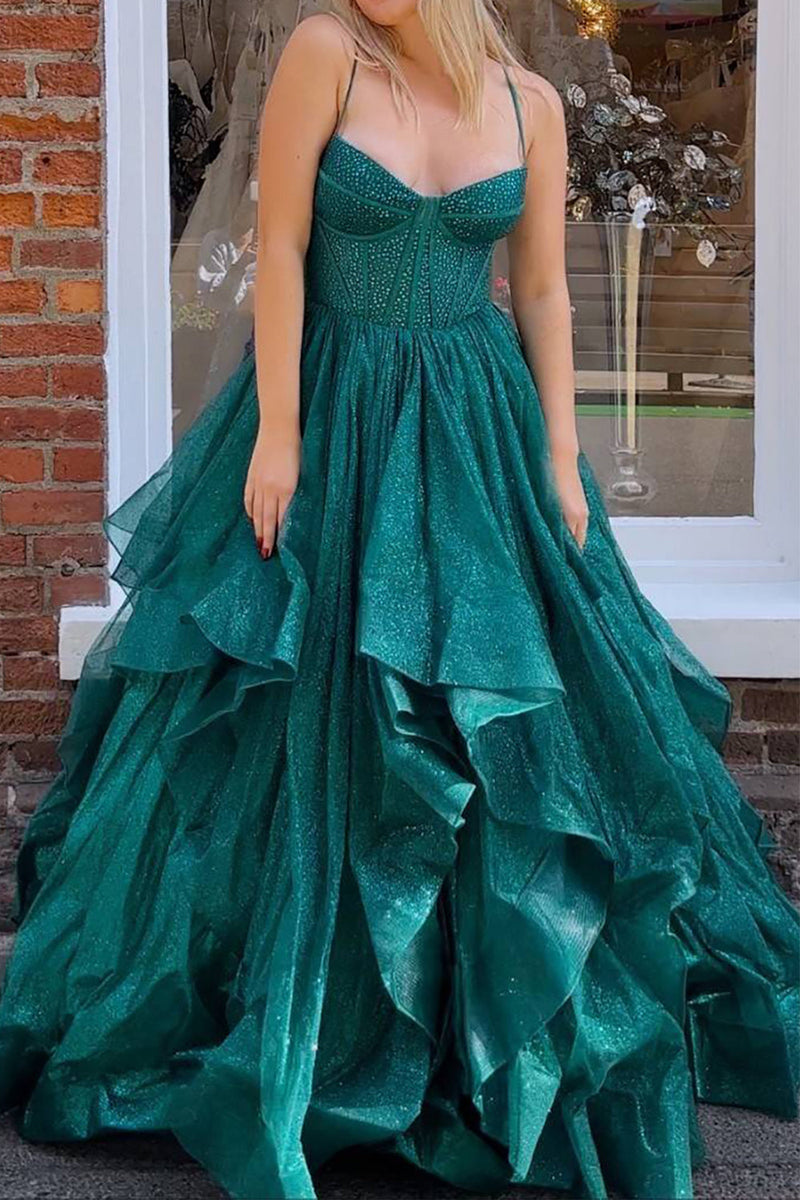 Load image into Gallery viewer, Dark Green A Line Long Corset Formal Dress With Ruffles