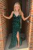 Load image into Gallery viewer, Sparkly Dark Green Mermaid Sequins Long Formal Dress with Slit