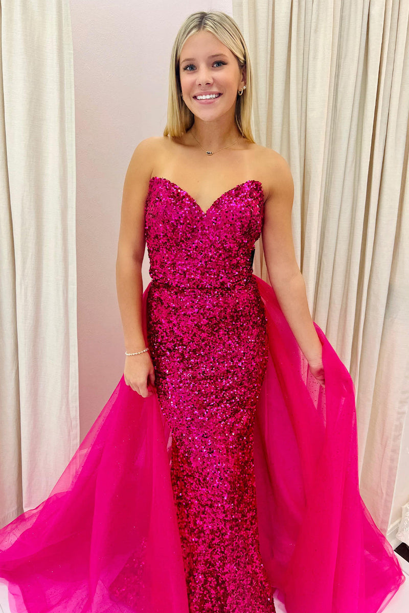 Load image into Gallery viewer, Sparkly Fuchsia A Line Sweetheart Sequins Long Formal Dress