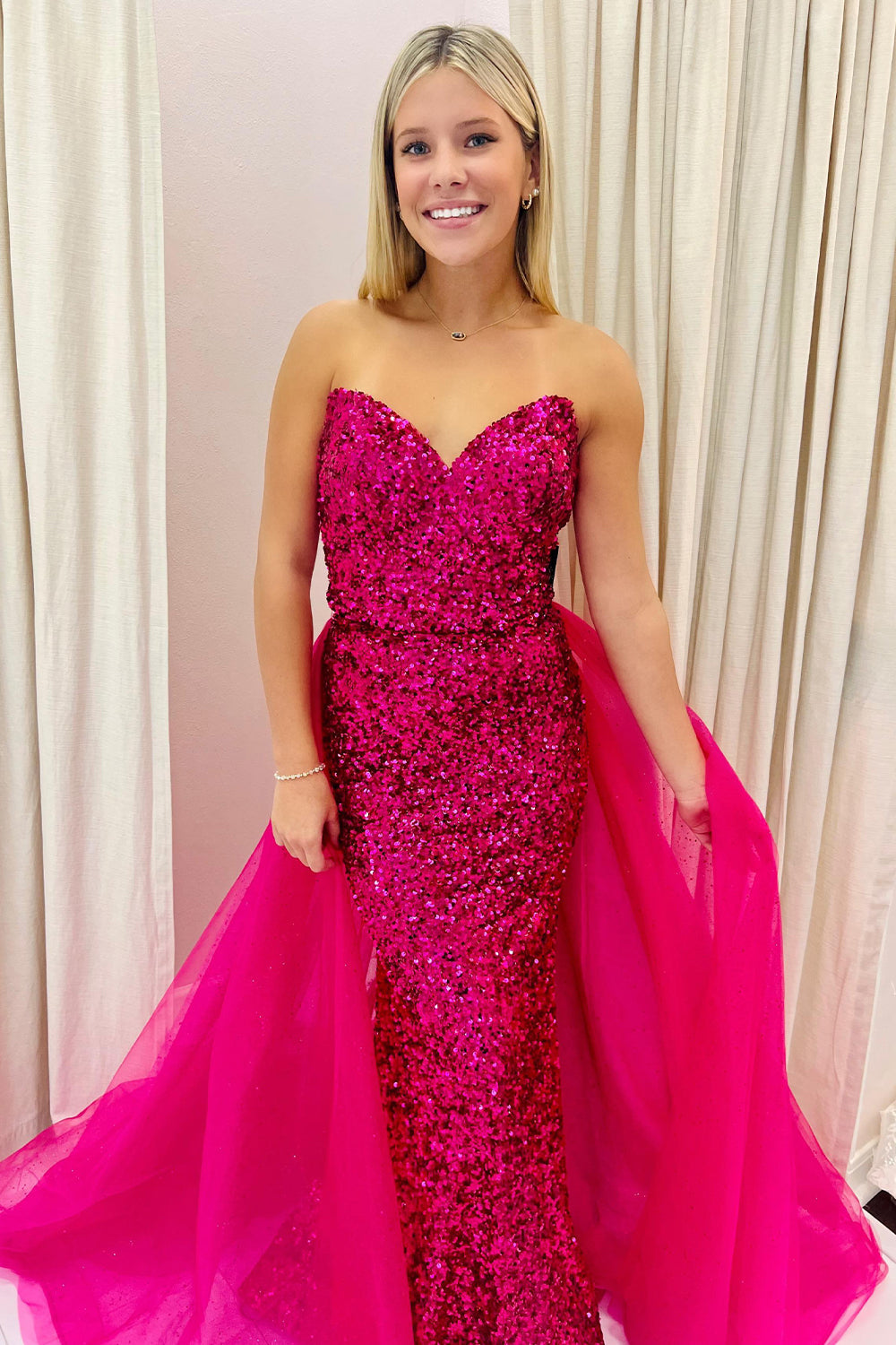 Sparkly Fuchsia A Line Sweetheart Sequins Long Formal Dress