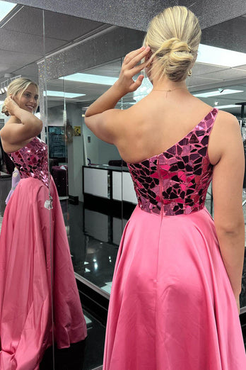 Sparkly Pink Mirror One Shoulder Long Formal Dress with Slit