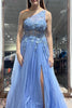 Load image into Gallery viewer, Blue A Line One Shoulder Long Corset Formal Dress With Appliques