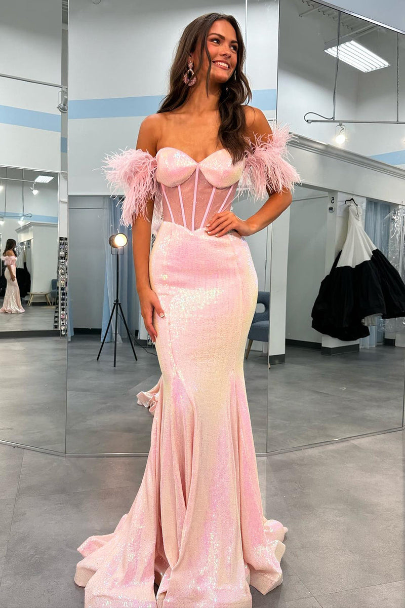 Load image into Gallery viewer, Sparkly Blush Mermaid Long Corset Formal Dress With Feather