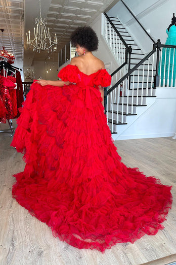 Red Off the Shoulder Tiered Ruffled Long Formal Dress with Slit