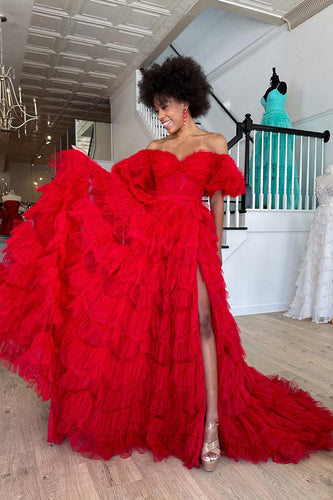 Red Off the Shoulder Tiered Ruffled Long Formal Dress with Slit