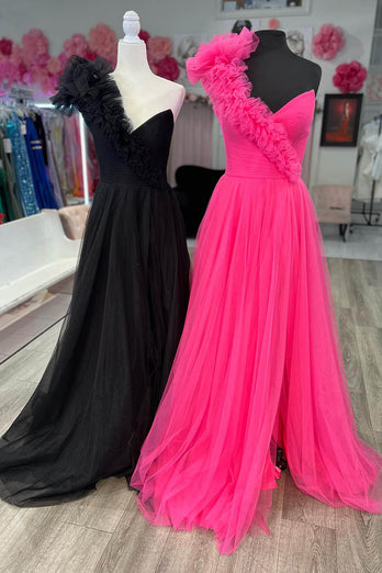 Fuchsia A-Line One Shoulder Long Tulle Formal Dress with Ruffles