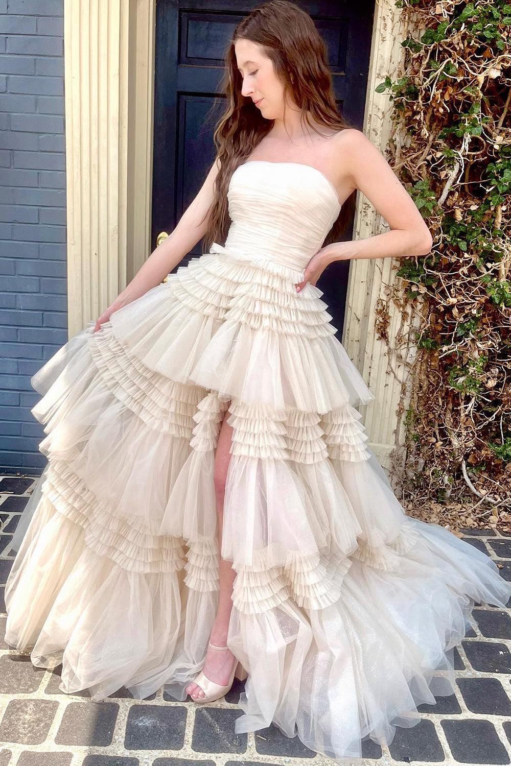 Glitter Beige Strapless Tulle Long Tiered Formal Dress with Slit