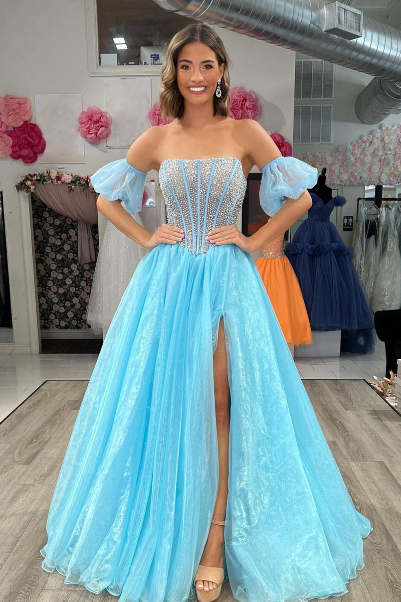 Load image into Gallery viewer, Sparkly Blue Beaded Detachable Short Sleeves A-Line Long Formal Dress with Slit