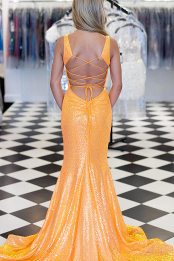 Sparkly Orange Mermaid Lace-Up Back Long Sequins Formal Dress