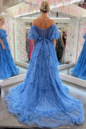 Blue A-Line Corset Long Tulle Floral Formal Dress with Ruffles