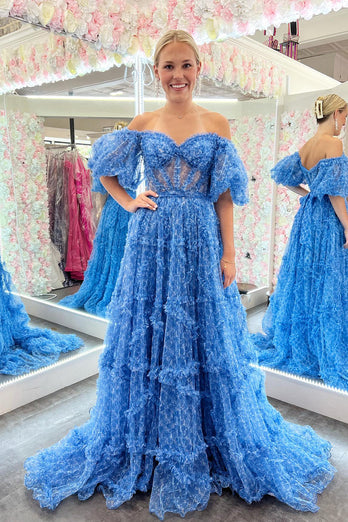 Blue A-Line Corset Long Tulle Floral Formal Dress with Ruffles