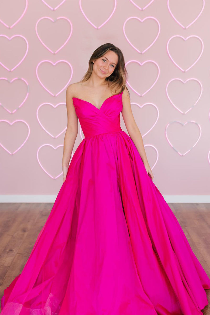 Load image into Gallery viewer, Fuchsia A-Line Sweetheart Sleeveless Satin Long Formal Dress