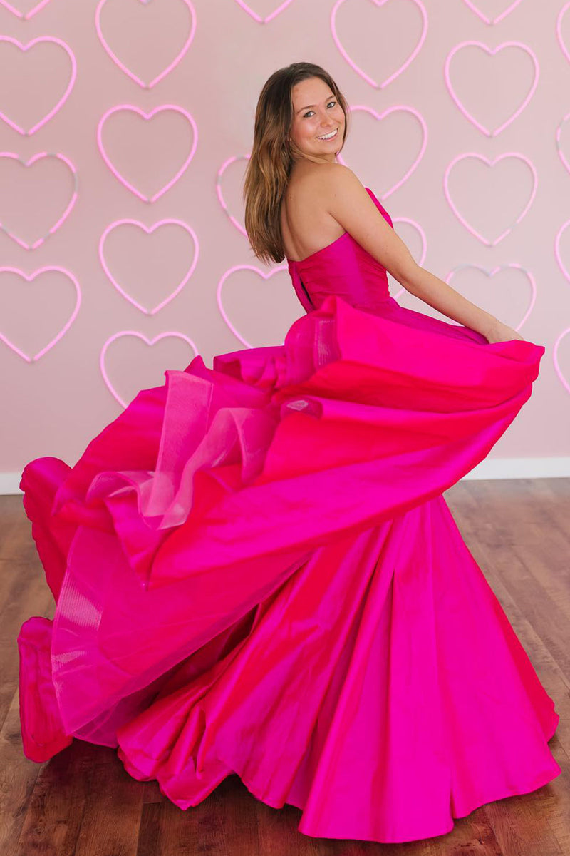 Load image into Gallery viewer, Fuchsia A-Line Sweetheart Sleeveless Satin Long Formal Dress